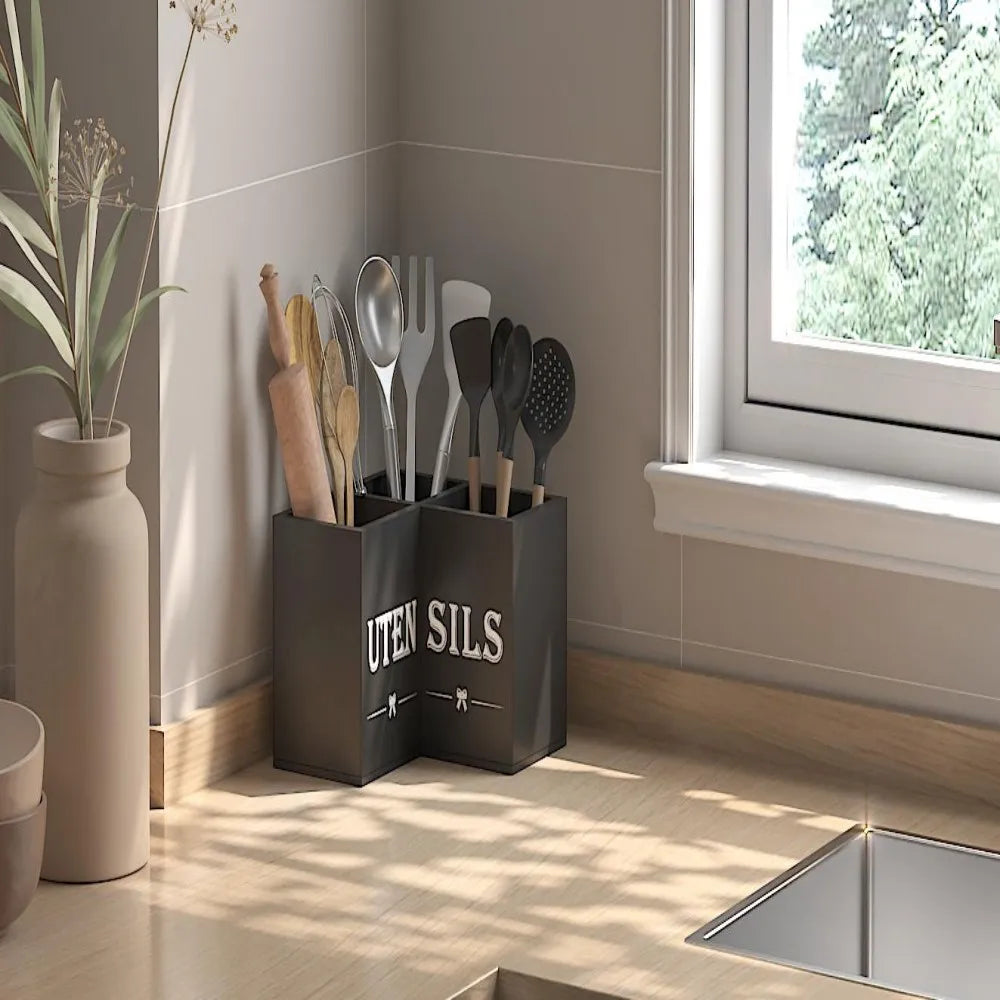 Wooden Cooking Utensils Holder 3 Section Kitchen Counter Display