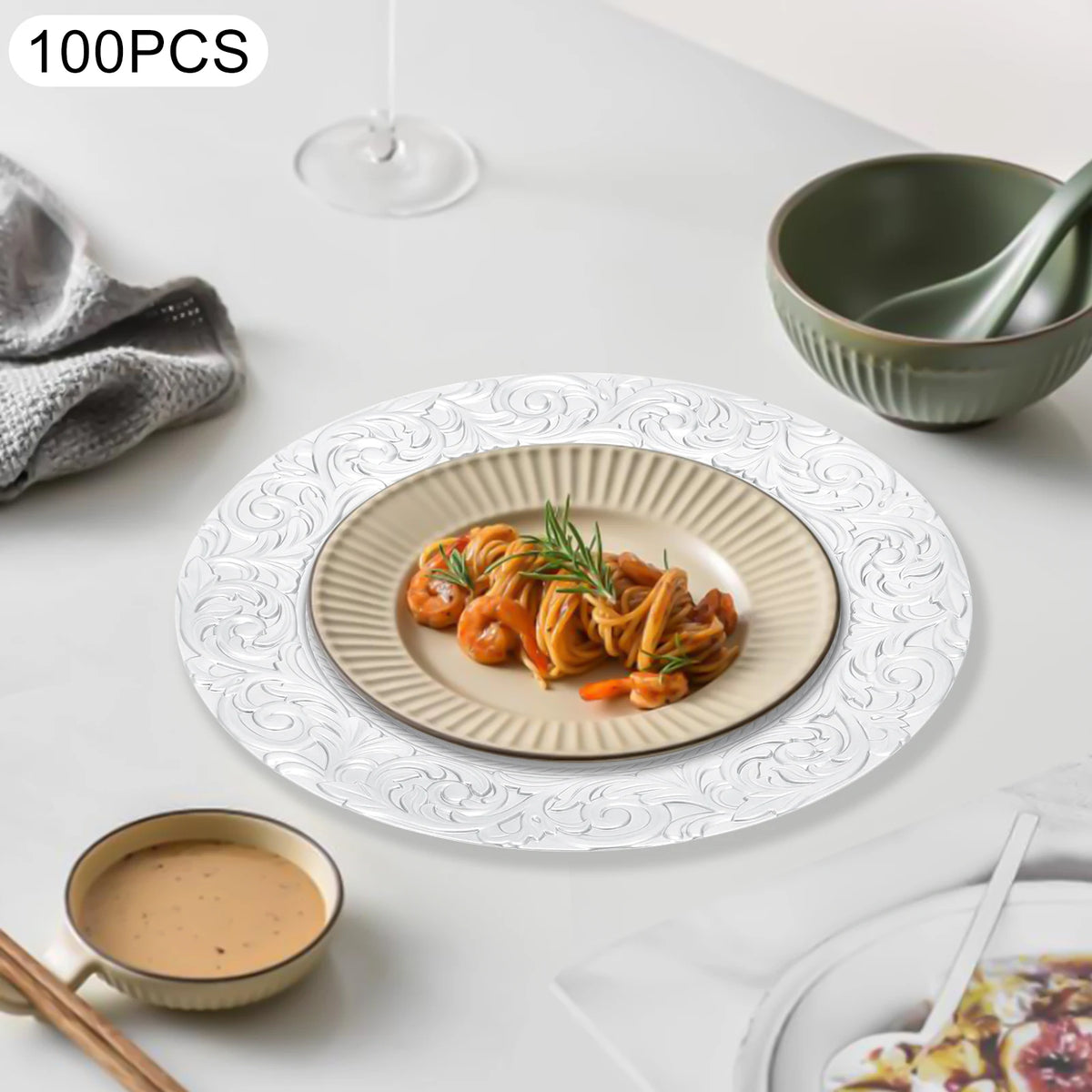 100Pcs 13 Inch Round Charger Plates, Silver Decorative Serving Platters for Holiday and Party Table Setting
