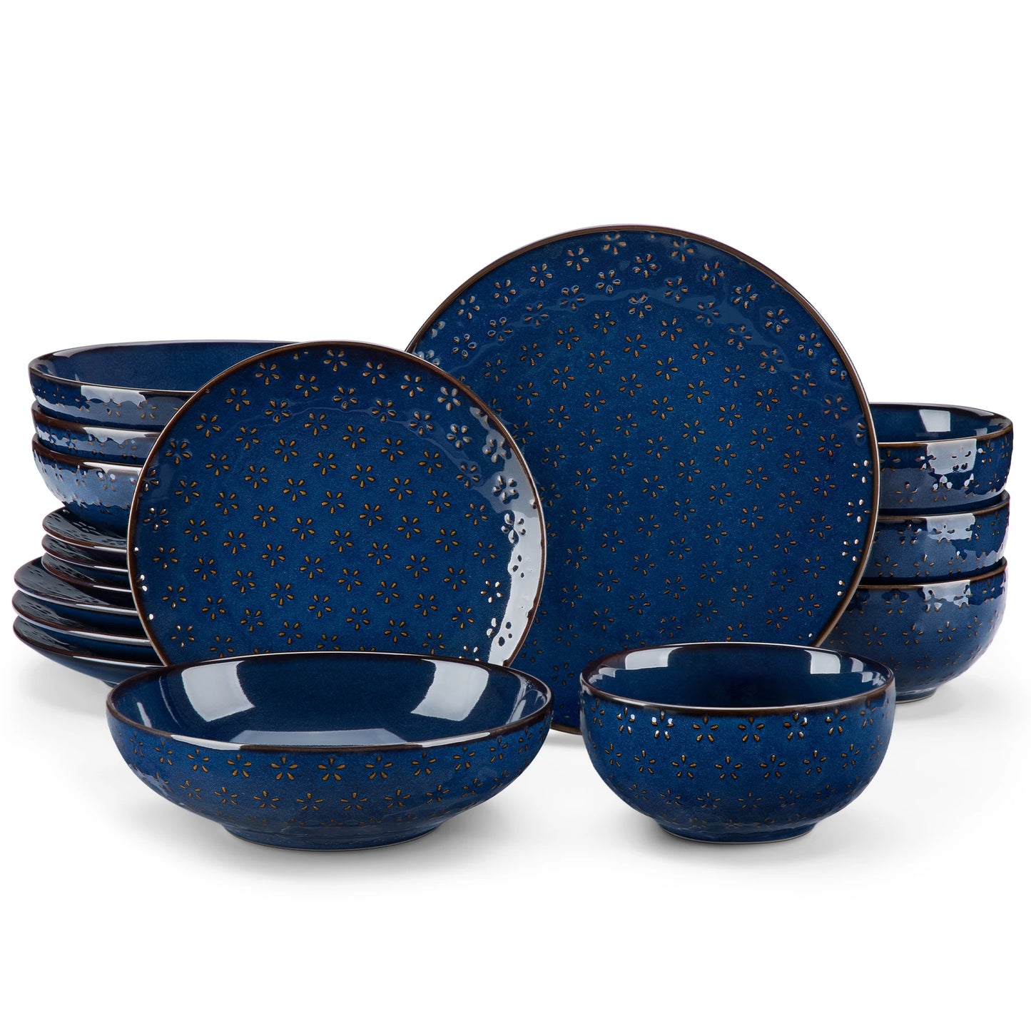 MALACASA LYDIA 16/32 Piece Blue Stoneware Plates Dinner Set Embossment Dinnerware with 6pcs Dinner plate/Dessert/Soup/Bowl