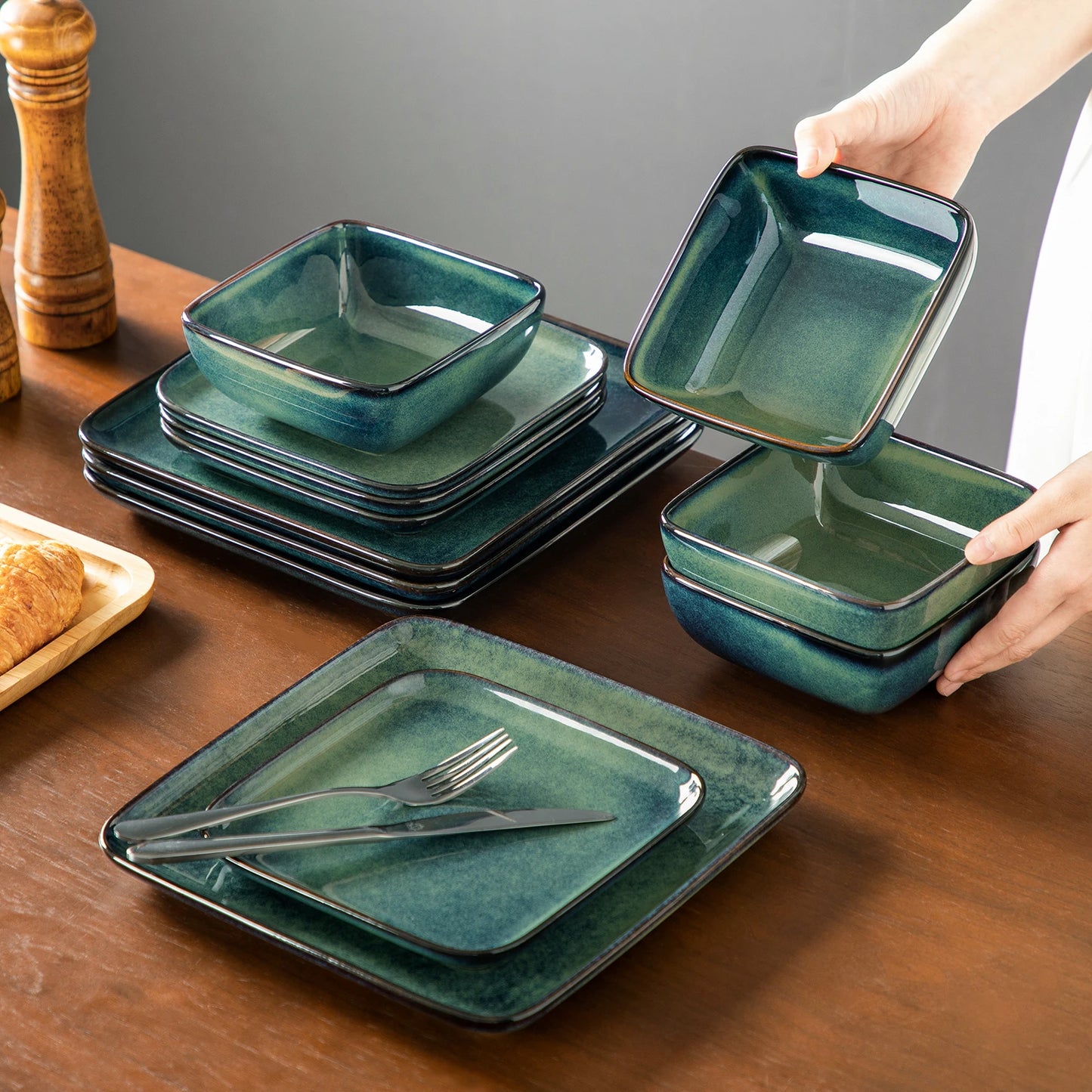 Malacasa Ceramic Dinner Set 12 24 36 Piece Square Reactive Glaze