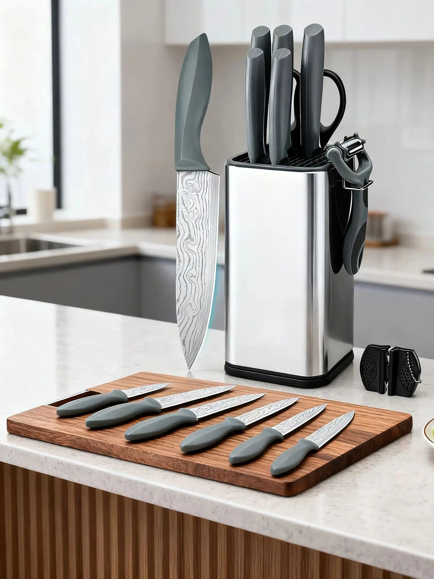 10Pcs Damascus Pattern Stainless Steel Kitchen Knife Set with Stainless Steel Universal Knife Block Peeler Scissors Knife Sharpener Household Chef Paring Cooking Cutlery Kit