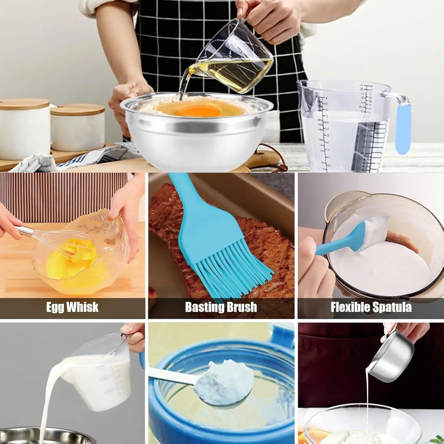 Stainless Steel Mixing Bowls Set with Lids, 22-Piece Nesting Bowls 7/6/4.5/3.5/2.5QT, Measuring Cups and Spoons Baking Storage
