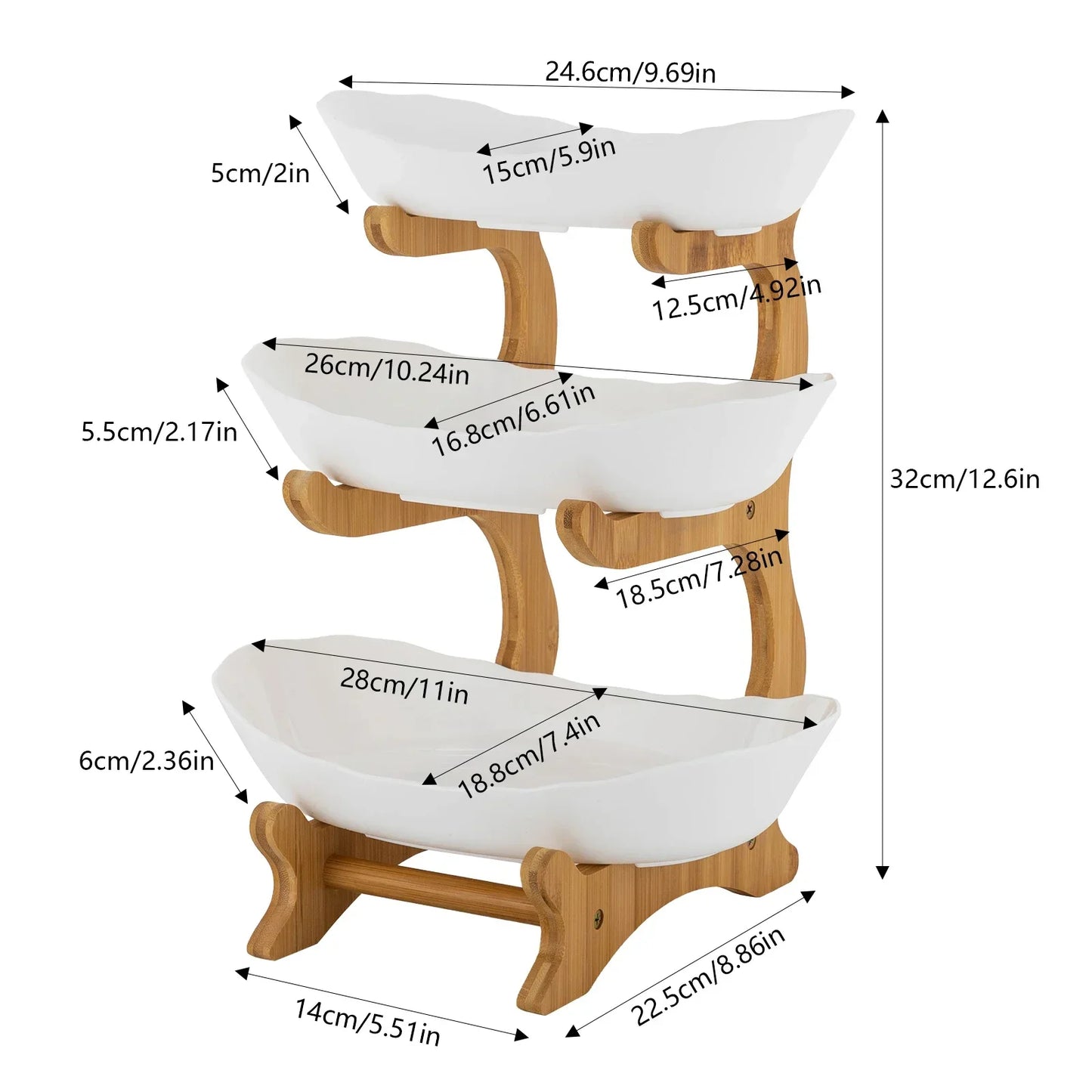 3 Tiered Ceramic Fruit Bowl Detachable Design Space Optimization Fruit Bowl with Bamboo Wood Stand for Fruits, Candies, Food