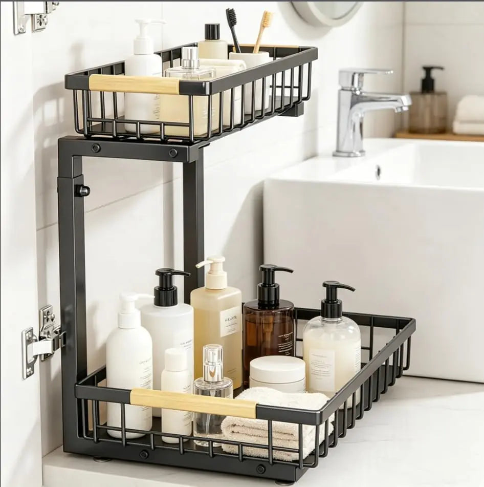 Garvee 2 Tier White/Black Under Sink Organizer Pull Out Sliding Drawer Fixed Metal Storage Rack for Kitchen Bathroom, Cleaning & Spice Organizer