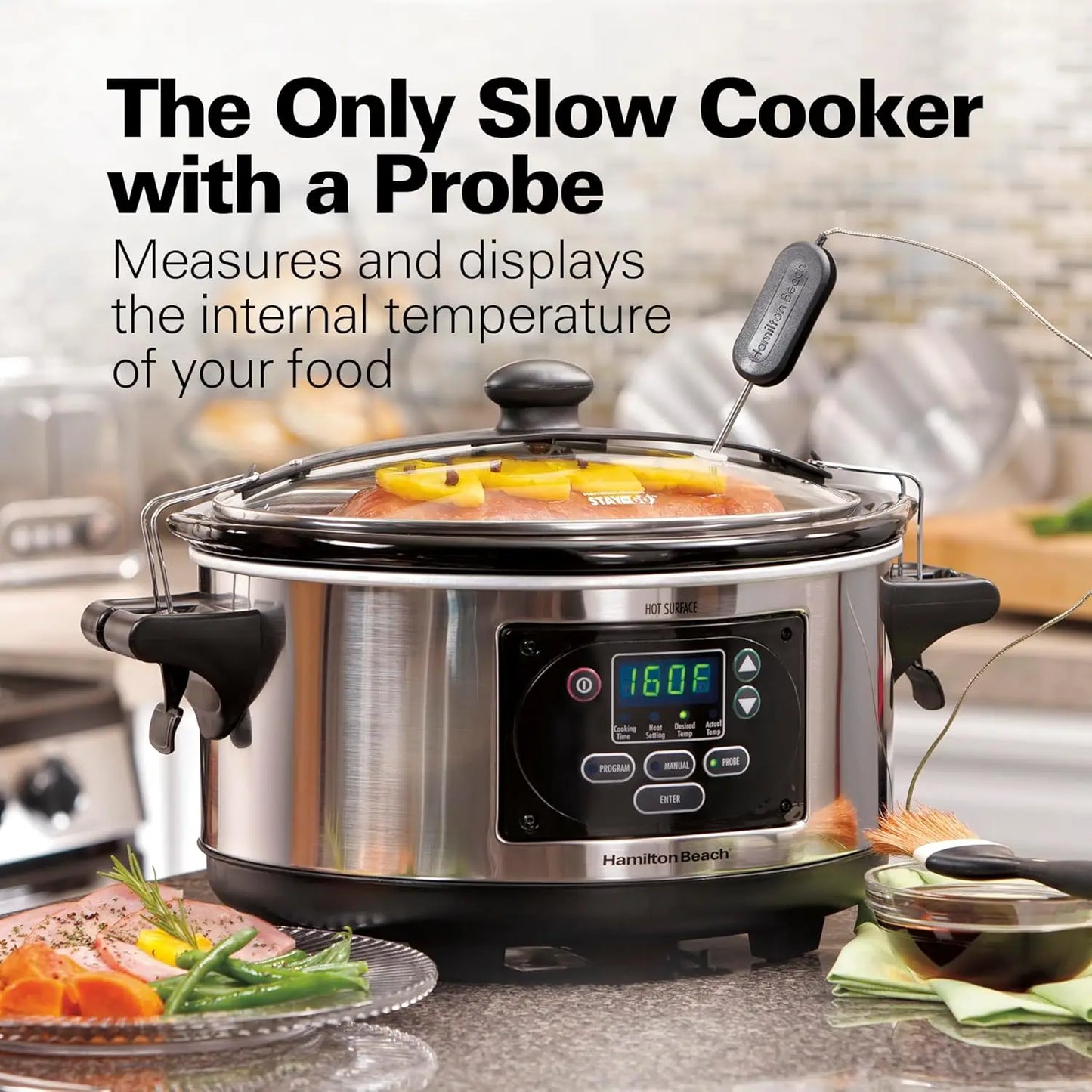 Portable 6 Quart Set & Forget Digital Programmable Slow Cooker with Lid Lock, Temperature Probe