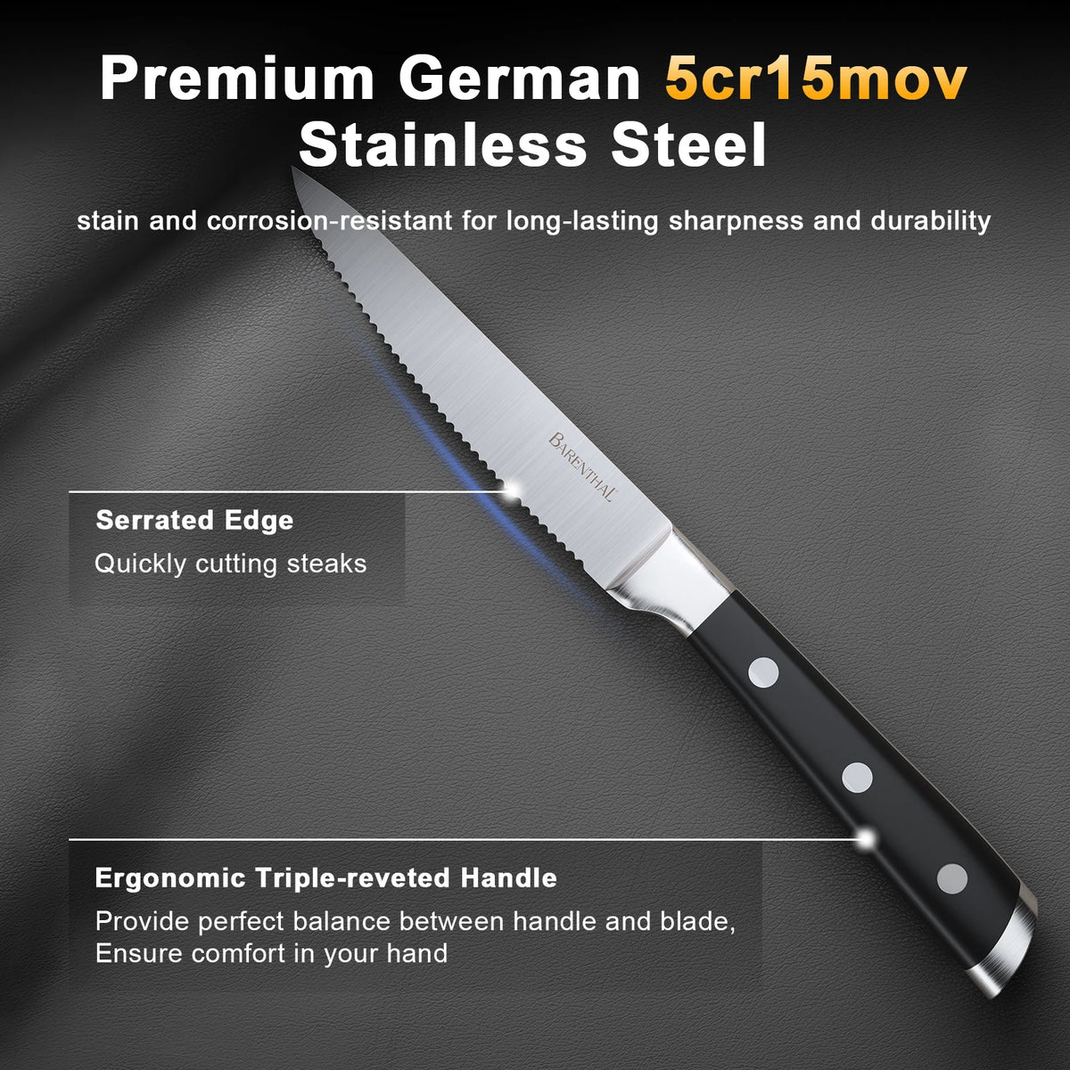 Barenthal 6-Piece Steak Knife Set, Stainless Steel Serrated Blade Mirror Polished Ergonomic Handle Rustproof Dishwasher Safe Flatware for Home Restaurant Dining