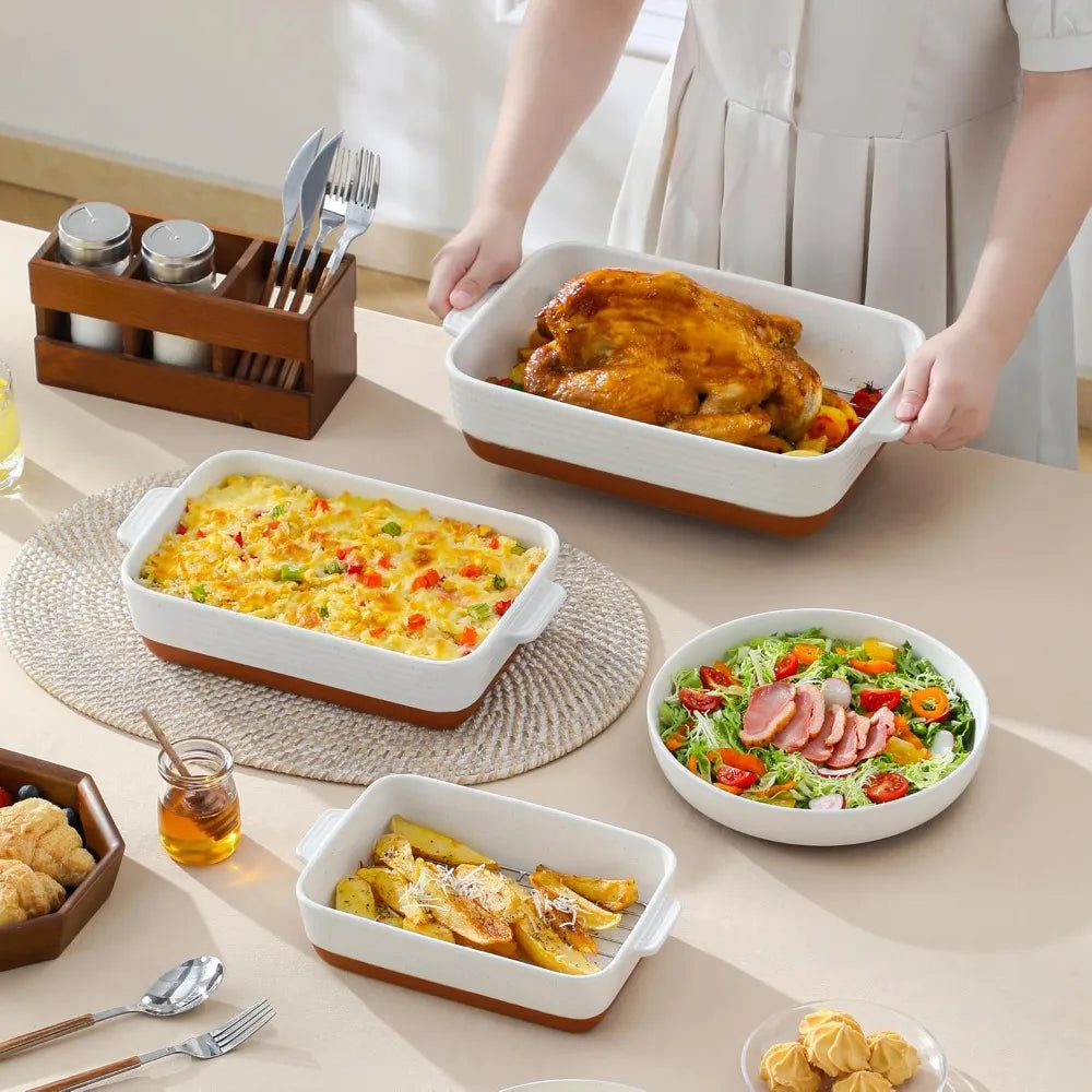 3-Piece Ceramic Casserole Set with Roasting Racks, Oven Safe to 500°F, Khaki White, 10.5-14.5 Inches
