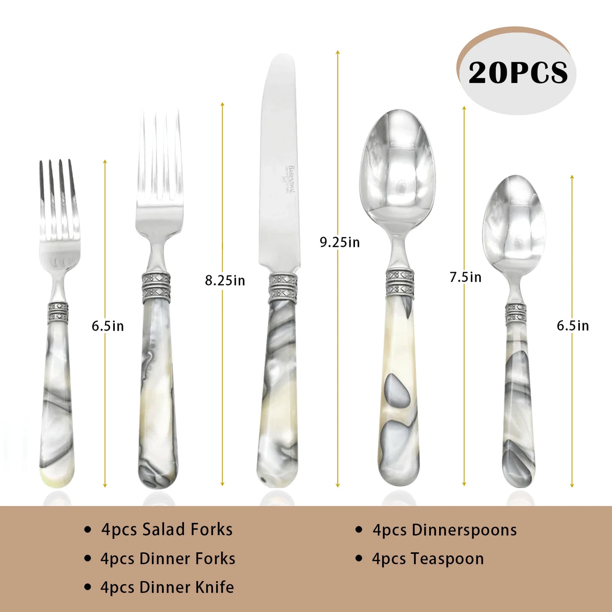 Barenthal Tortue Sandstone Handle Flatware Set 20Pcs Stainless Steel Cutlery Set Vintage Marble Pattern Dinner Fork Knife Spoon Tableware Restaurant Home Dinner Party Steak Dessert Silverware