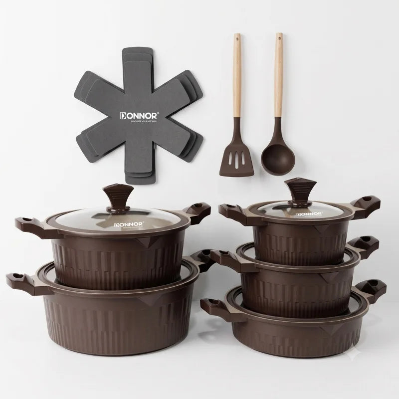 DONNOR Pot and Pan Set 15Pcs Non-stick Soup Pot Stew Pot with Glass Lid Granite Healthy Coat Pots for Cooking Stoves Universal