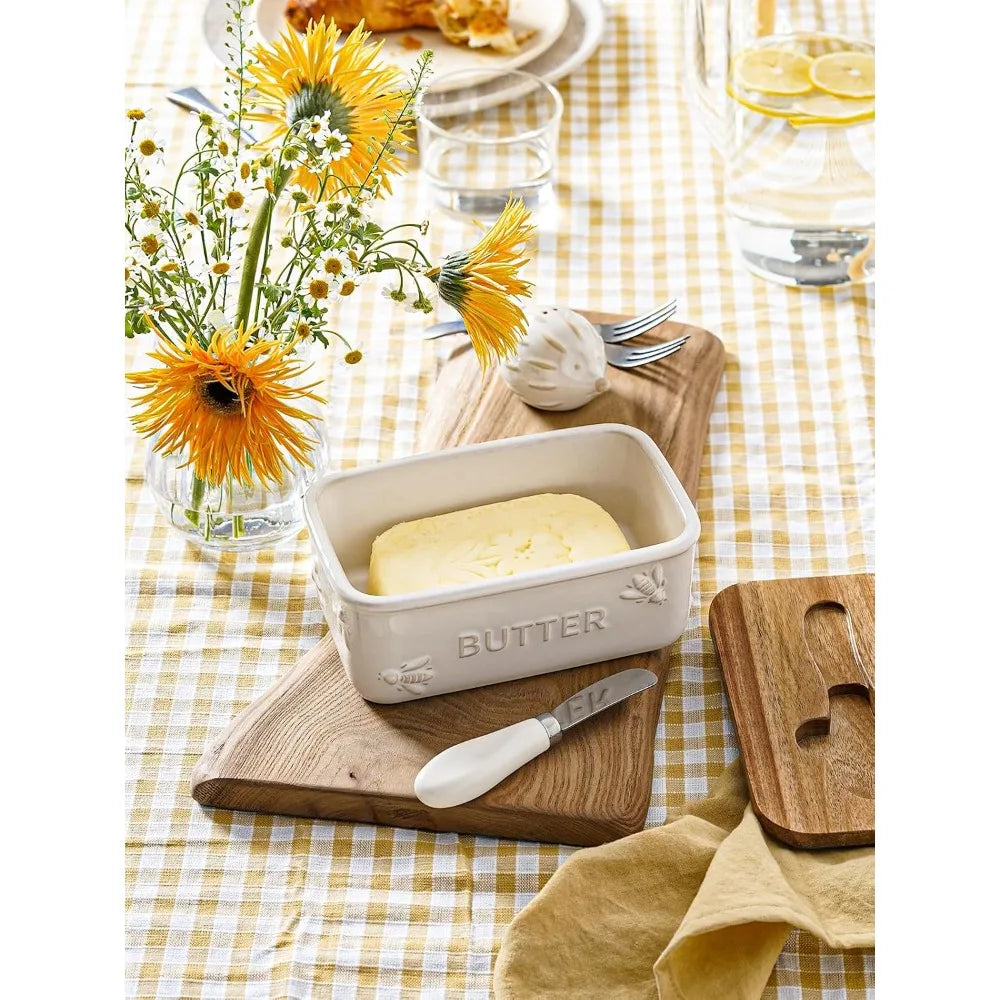 Ceramic Butter Dish with Bee Embossed Design, Acacia Wood Lid & Knife, Farmhouse Style, Airtight, Arctic White