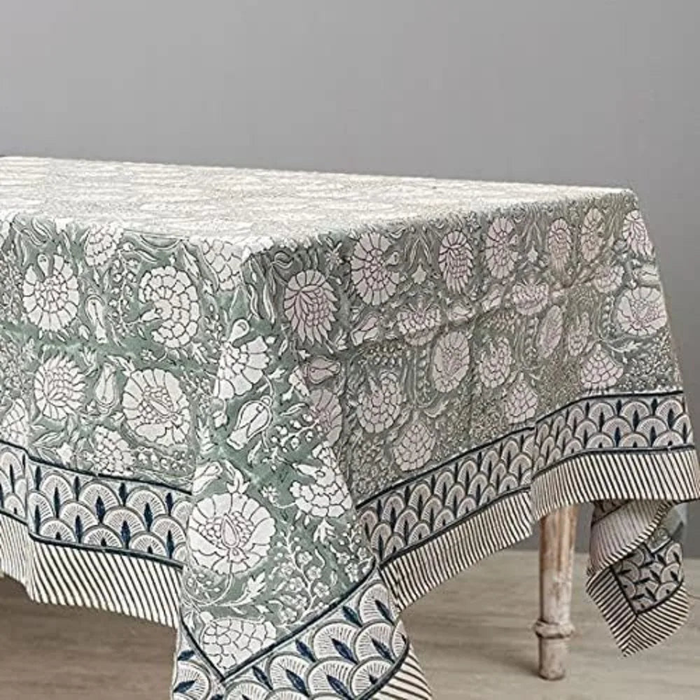 Linen Boho Fall Tablecloth With Handblock Floral Pattern For Kitchen