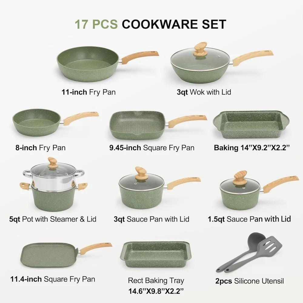 17 Piece Pots and Pans Set Non Stick, Kitchen Cookware Sets with Nonstick Coating, Suitable for Induction Cooktops, Green
