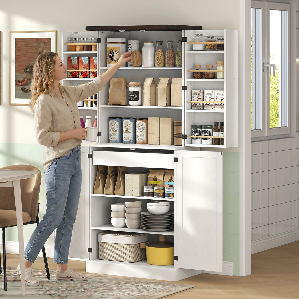 HOMCOM 72" Tall Kitchen Pantry Cabinet, Farmhouse Storage Cabinet with 8 Door Racks and Drawer, Freestanding Food Pantry with Adjustable Shelves and Barn Doors, White