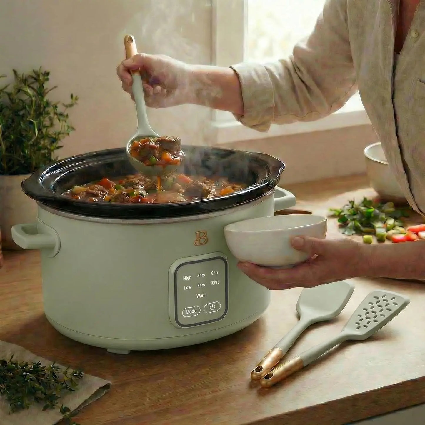 4 Quart Slow Cooker with Touch Activated Display and 3 Piece Silicone Kitchen Utensil Set - Sage