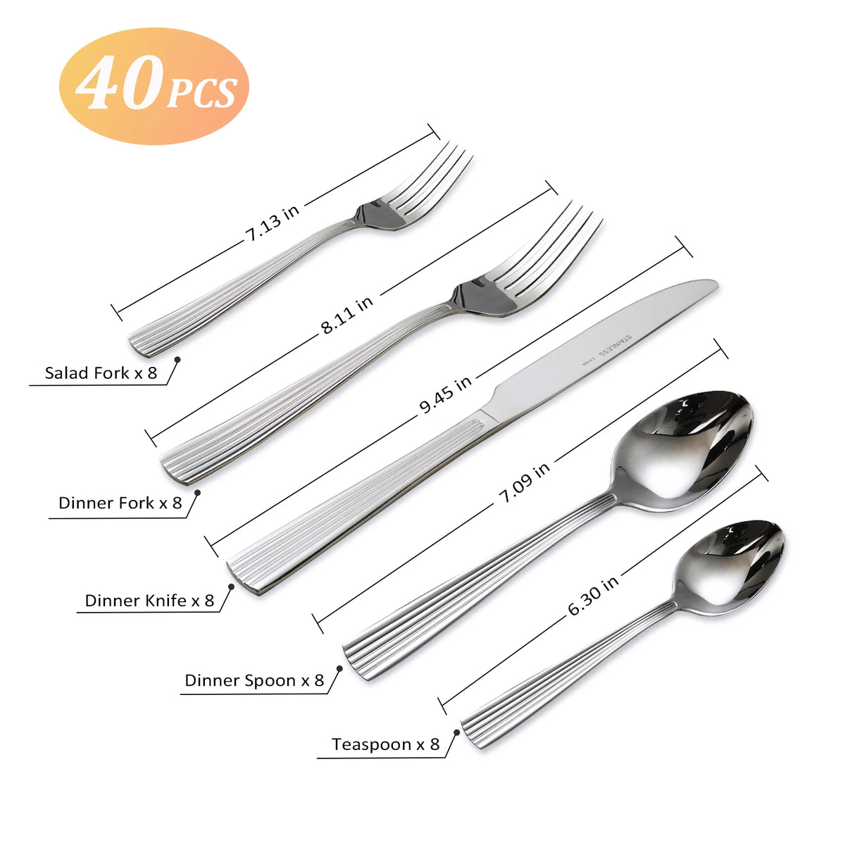 Lorena 20\40\45Pcs Vertical Stripes Stainless Steel Silverware Set Mirror Polished Flatware Knife Fork Spoon Tableware Service for 8 Dishwasher Safe Kitchen Dinner Utensils with Serving Set
