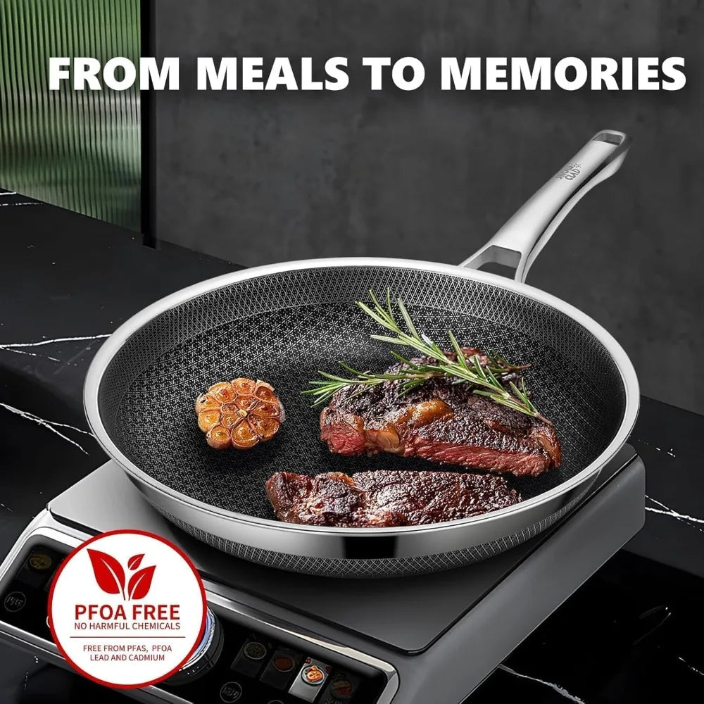Non Stick Frying Pans Set with 2 Lid, Hybrid Skillet Set Nonstick (8+10+12inch), Pans for cooking