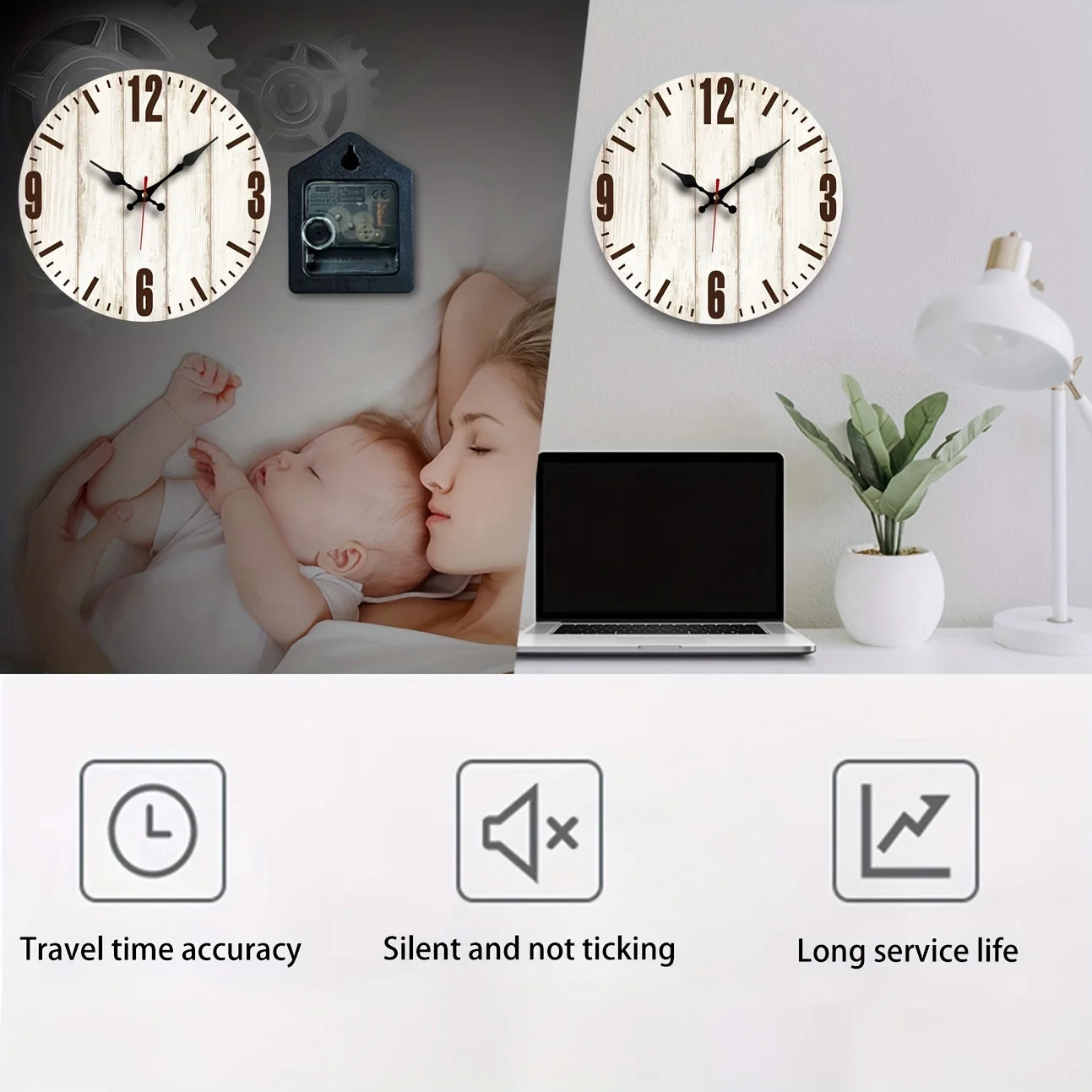 1pc Rustic Wooden Wall Clock, Large Numbers, Round Decorative Art Hanging Clock For Home Living Room, Silent, No-Punching New Wa