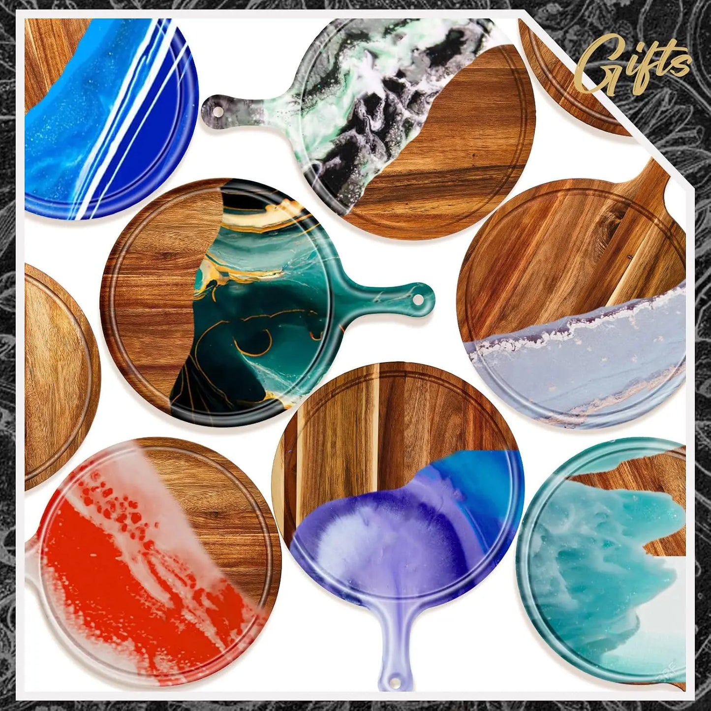 10 Pcs Acacia Wood Cutting Board with Handle - Round Serving Board for Pizza, Bread, Cheese, Charcuterie, Fruit, Vegetables - Kitchen Chopping Board Set