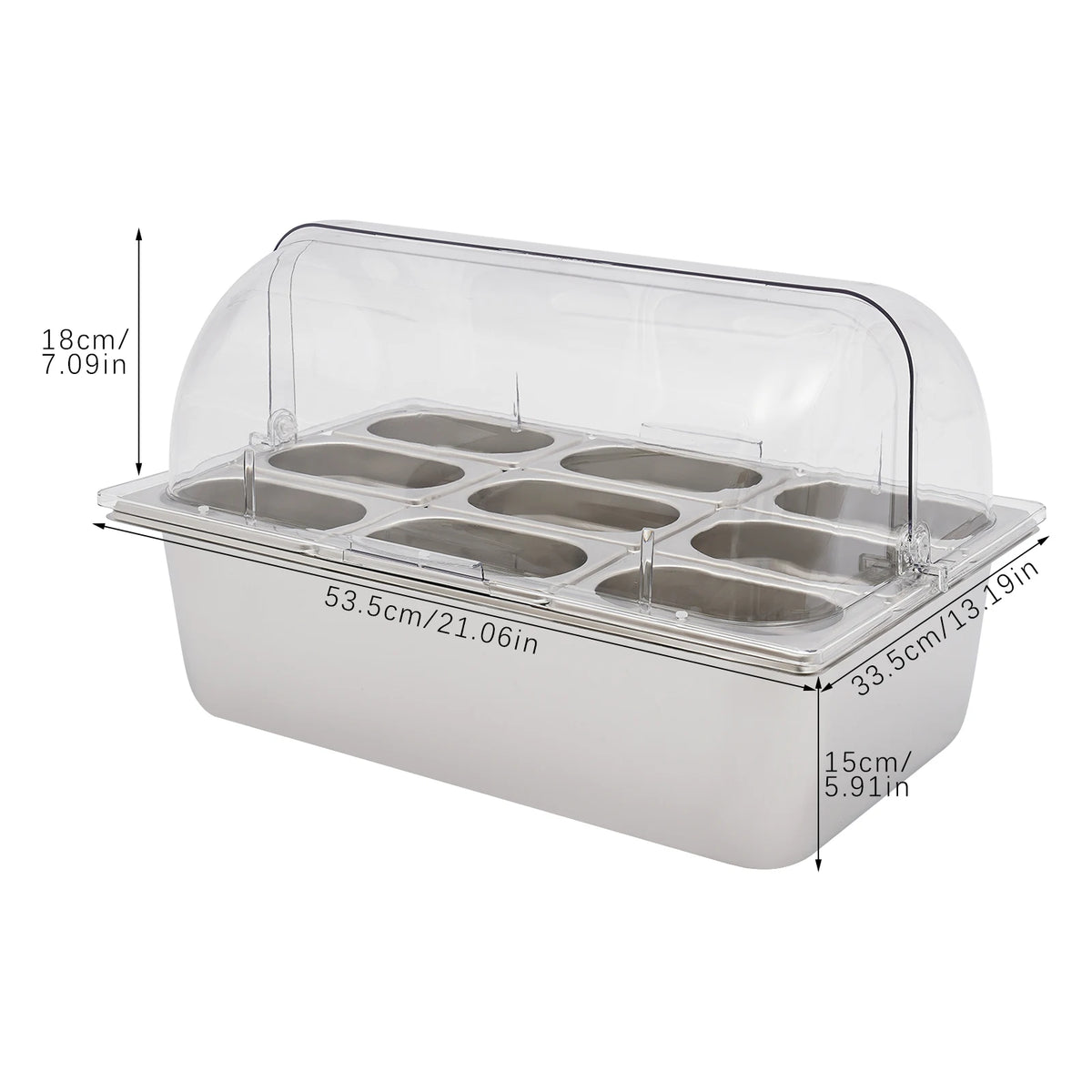 9-Compartment Stainless Steel Fruit Tray with Ice Pack Base, Clear Flip Lid, 21 Inch Buffet Serving Platter for Party Picnic