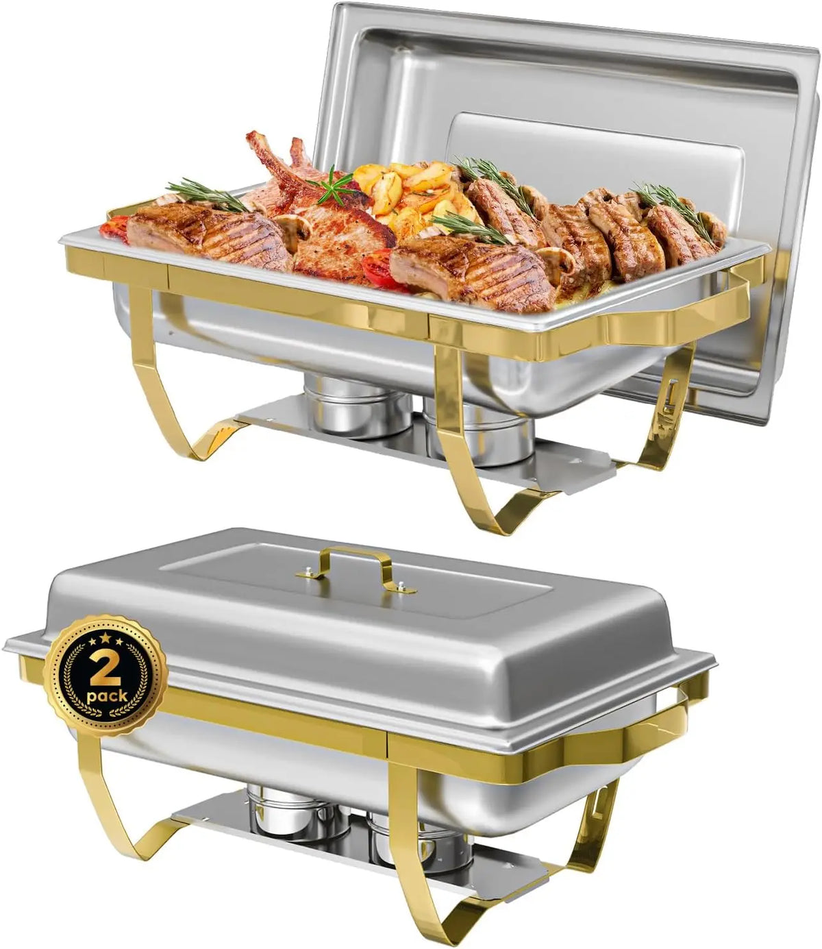 2/4Pack Chafing Dishes Buffet Set Semi-Gold-Plated Stainless Steel 8QT-9QT Rectangular Buffet Warmer Sets for Catering Party