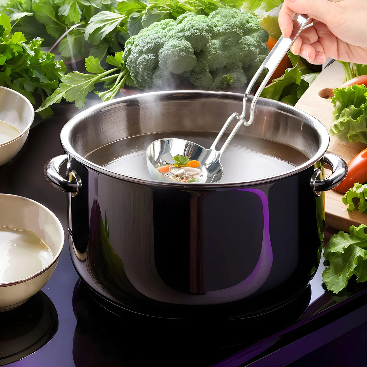 KitchenTrend 2Pcs Stainless Steel Ladle & Skimmer Set, Large Capacity Hanging Hook Design Mirror Polished Soup Strainer Spoon for Home Hotpot Kitchen Cooking