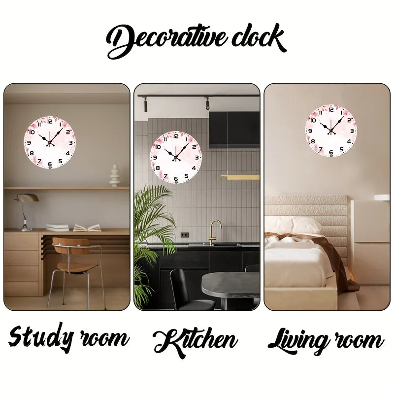 Pink Flower Backdrop Clock - 10inch Wood Veneer Europe and America Style Round Silent Flat Wall Clock - Batteries Not Included -