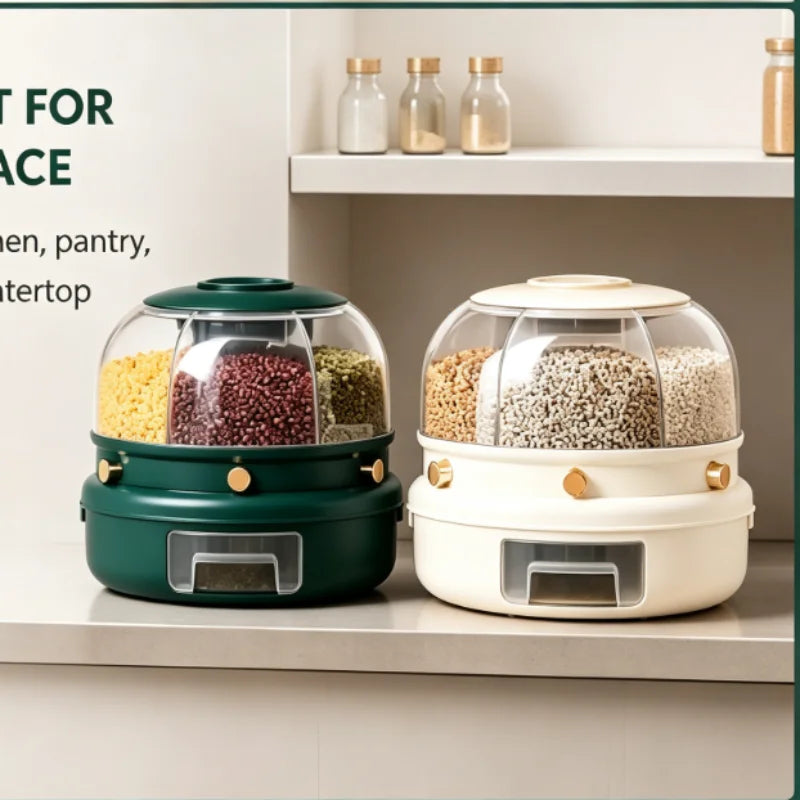 1-pack 360-degree rotating 6-compartment cereal dispenser, one-button dry food container with a pull-out drawer, transparent so you can see grains, rice, beans, and oats, perfect for organizing and storing bulk cereals on you