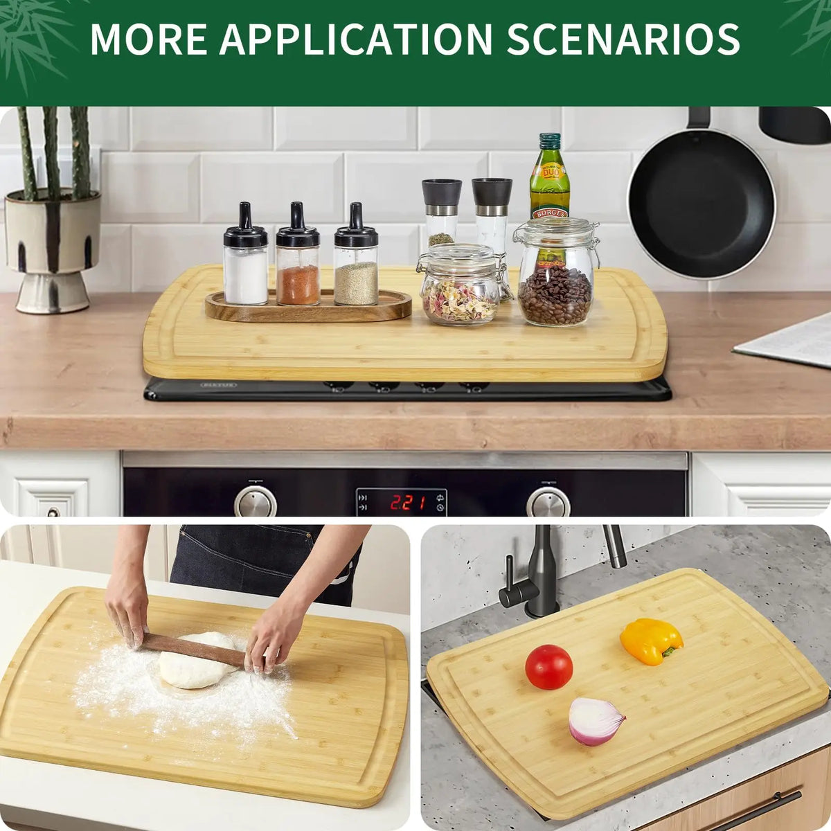 30x20 Inch Large Bamboo Cutting Board for Kitchen, Reversible Wood Noddle Board Stove Top Cover with Deep Juice Grooves, Knives Friendly & Easy to Clean for Home Commercial Use