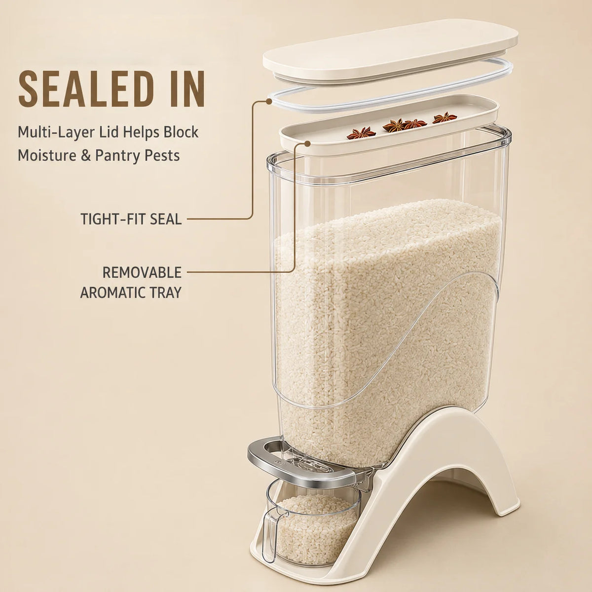 Milky white, slim, vertical rice container, available in 12 lb and 22 lb sizes, one-touch press automatic food storage container, comes with a measuring cup, perfect for storing dry goods in small spaces, great for rice, bean