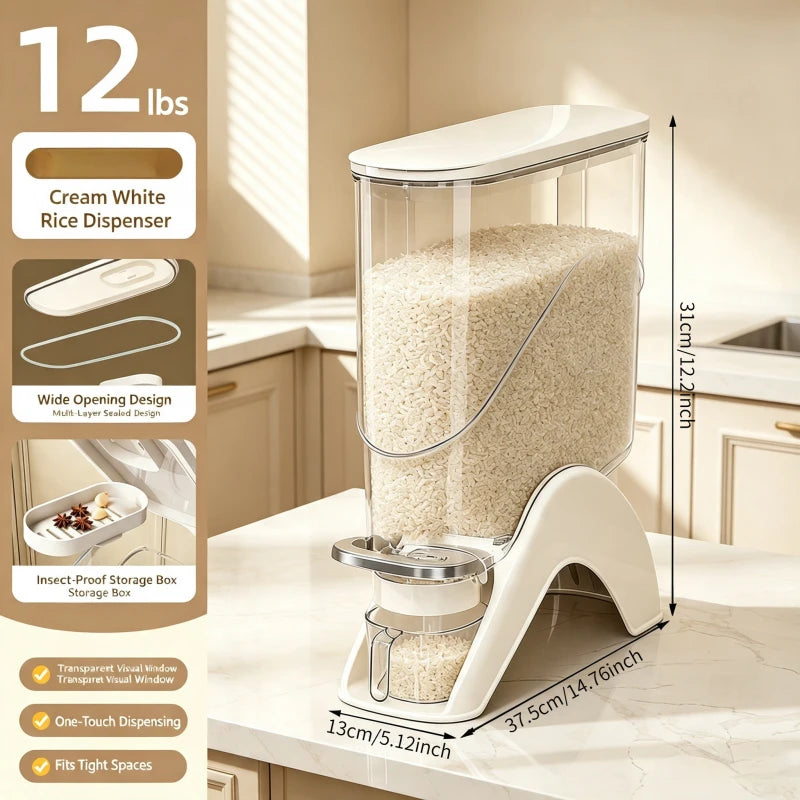 Milky white, slim, vertical rice container, available in 12 lb and 22 lb sizes, one-touch press automatic food storage container, comes with a measuring cup, perfect for storing dry goods in small spaces, great for rice, bean