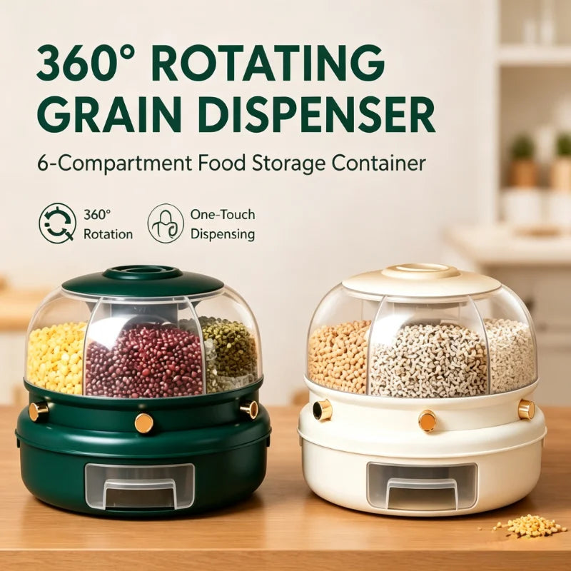 1-pack 360-degree rotating 6-compartment cereal dispenser, one-button dry food container with a pull-out drawer, transparent so you can see grains, rice, beans, and oats, perfect for organizing and storing bulk cereals on you