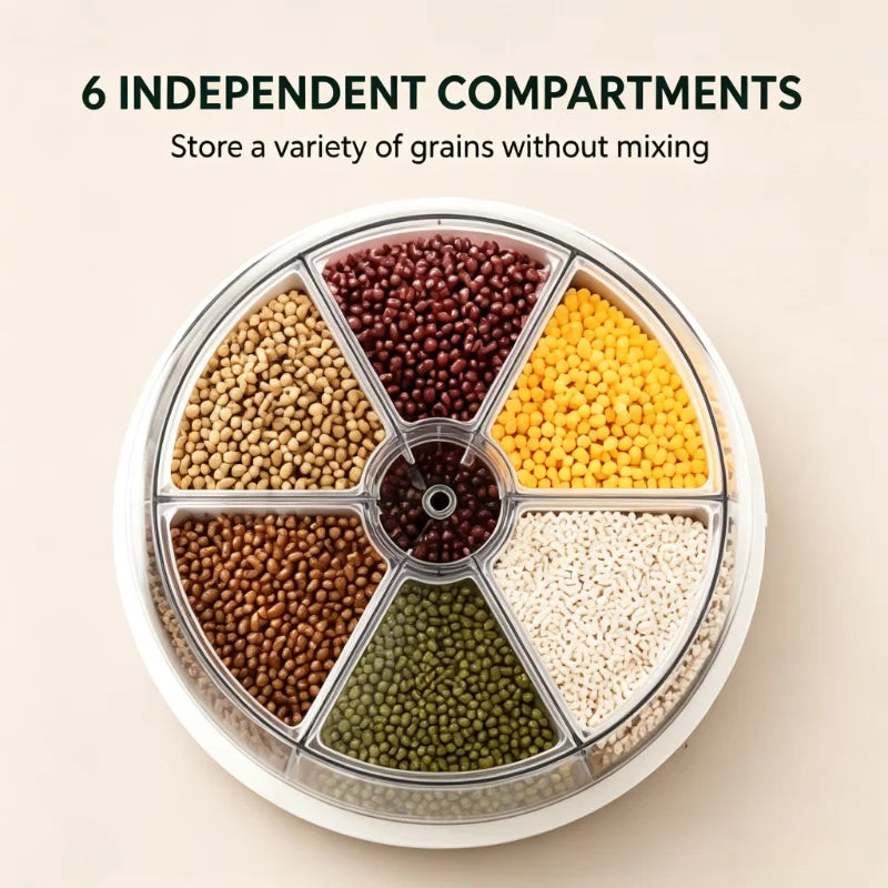 1-pack 360-degree rotating 6-compartment cereal dispenser, one-button dry food container with a pull-out drawer, transparent so you can see grains, rice, beans, and oats, perfect for organizing and storing bulk cereals on you