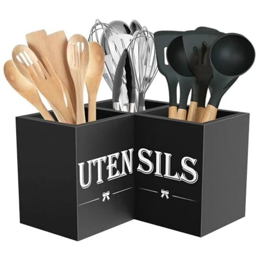 Wooden Cooking Utensils Holder 3 Section Kitchen Counter Display