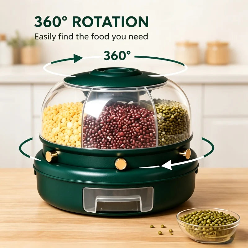 1-pack 360-degree rotating 6-compartment cereal dispenser, one-button dry food container with a pull-out drawer, transparent so you can see grains, rice, beans, and oats, perfect for organizing and storing bulk cereals on you