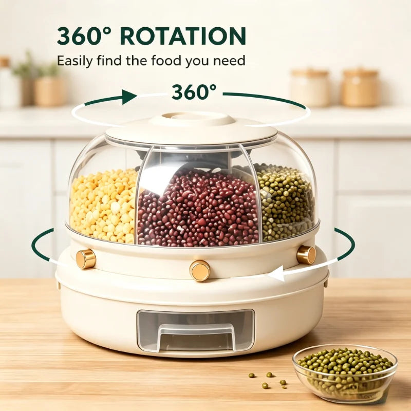 1-pack 360-degree rotating 6-compartment cereal dispenser, one-button dry food container with a pull-out drawer, transparent so you can see grains, rice, beans, and oats, perfect for organizing and storing bulk cereals on you