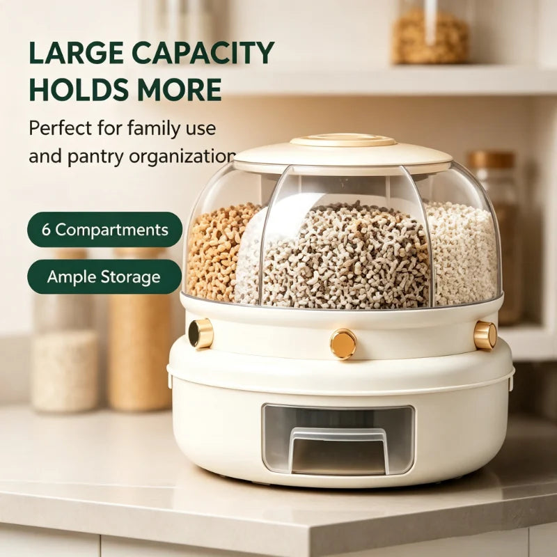1-pack 360-degree rotating 6-compartment cereal dispenser, one-button dry food container with a pull-out drawer, transparent so you can see grains, rice, beans, and oats, perfect for organizing and storing bulk cereals on you