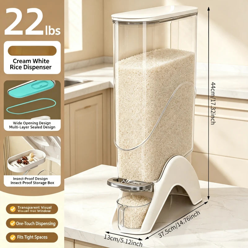 Milky white, slim, vertical rice container, available in 12 lb and 22 lb sizes, one-touch press automatic food storage container, comes with a measuring cup, perfect for storing dry goods in small spaces, great for rice, bean