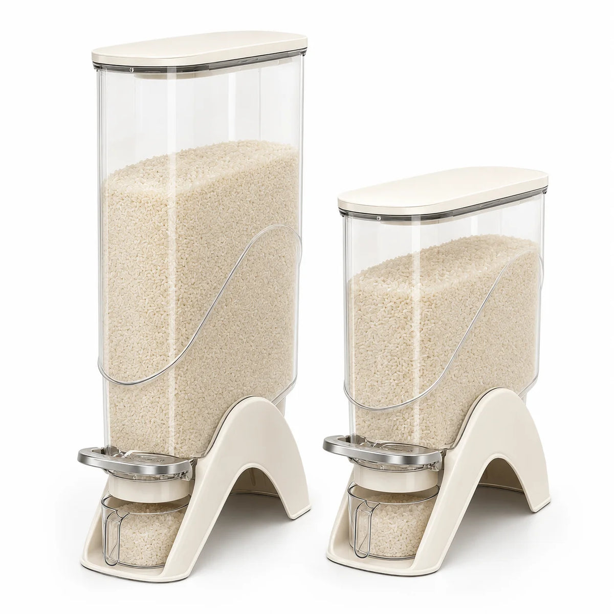 Milky white, slim, vertical rice container, available in 12 lb and 22 lb sizes, one-touch press automatic food storage container, comes with a measuring cup, perfect for storing dry goods in small spaces, great for rice, bean