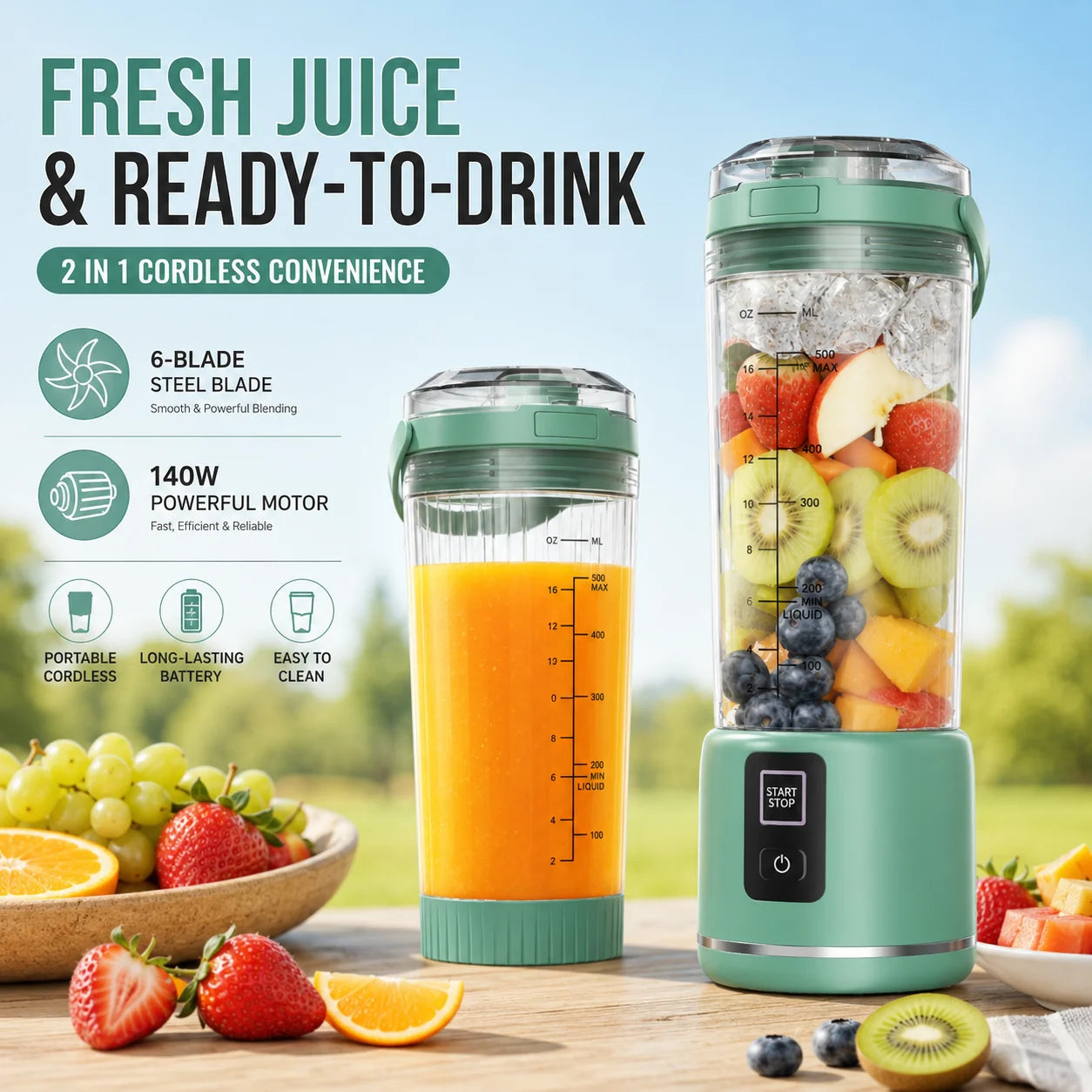 18 oz Portable Blender, Cordless USB-C Rechargeable Personal Blender for Shakes and Smoothies