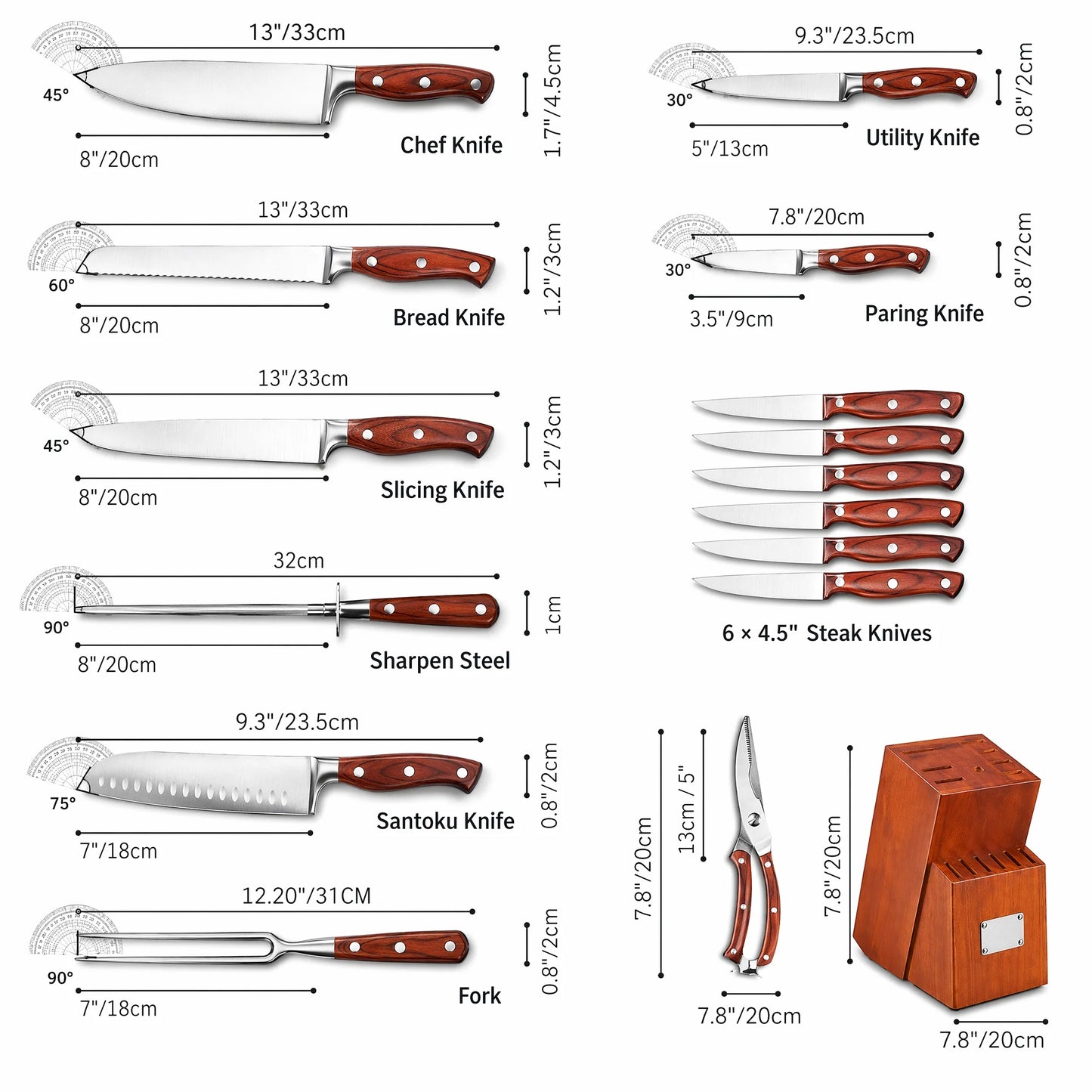 16 Pcs Kitchen Knife Set with Sharpener & Wooden Block, Stainless Steel Brown Wood Handle, Multi Cooking Knives
