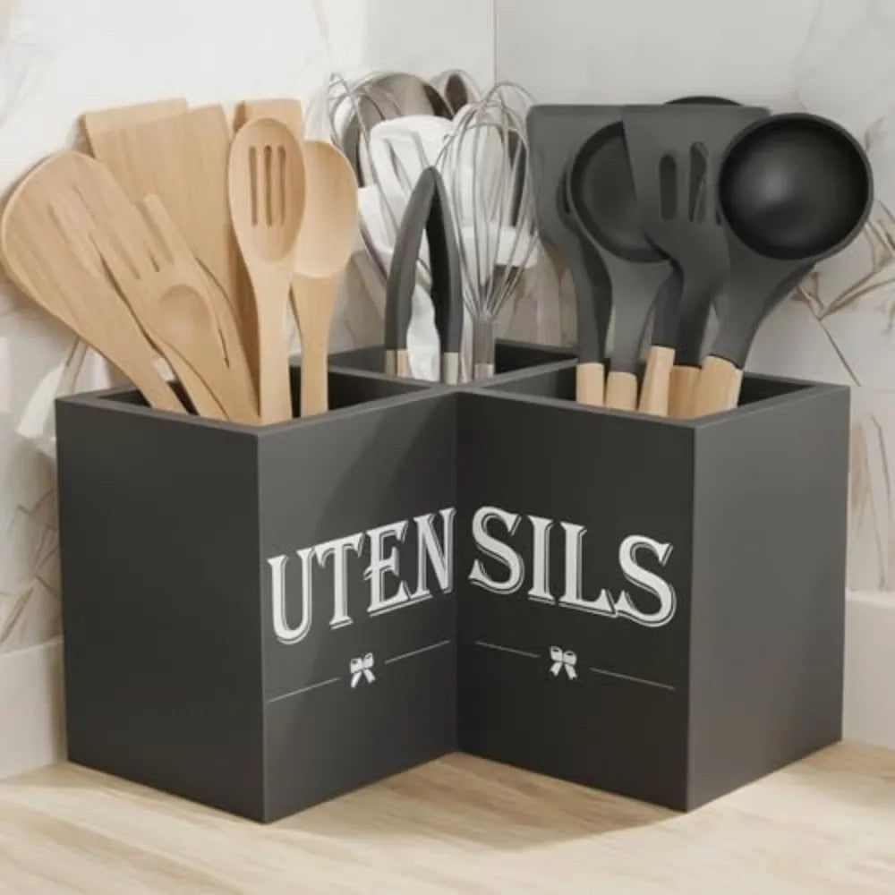 Wooden Cooking Utensils Holder 3 Section Kitchen Counter Display