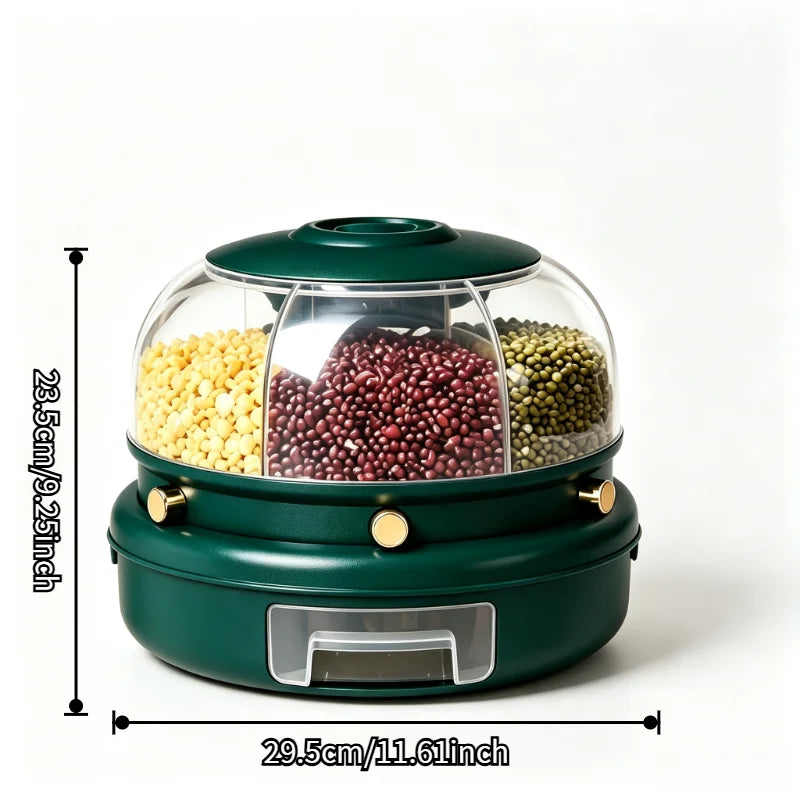 1-pack 360-degree rotating 6-compartment cereal dispenser, one-button dry food container with a pull-out drawer, transparent so you can see grains, rice, beans, and oats, perfect for organizing and storing bulk cereals on you