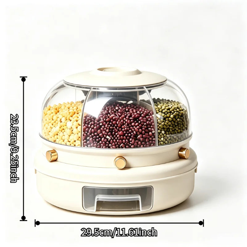 1-pack 360-degree rotating 6-compartment cereal dispenser, one-button dry food container with a pull-out drawer, transparent so you can see grains, rice, beans, and oats, perfect for organizing and storing bulk cereals on you