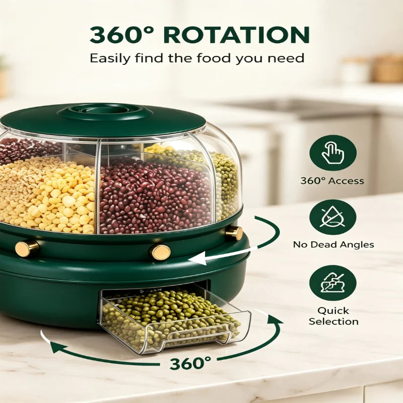 1-pack 360-degree rotating 6-compartment cereal dispenser, one-button dry food container with a pull-out drawer, transparent so you can see grains, rice, beans, and oats, perfect for organizing and storing bulk cereals on you