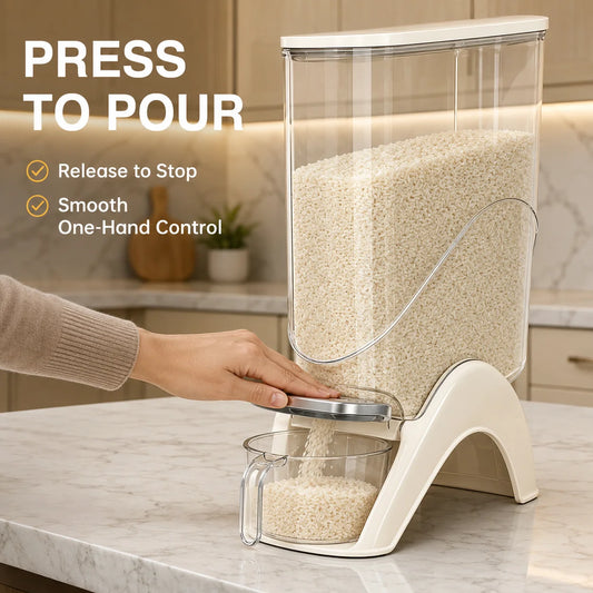 Milky white, slim, vertical rice container, available in 12 lb and 22 lb sizes, one-touch press automatic food storage container, comes with a measuring cup, perfect for storing dry goods in small spaces, great for rice, bean