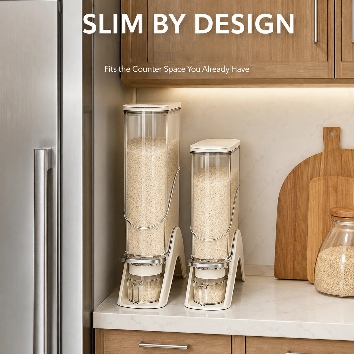 Milky white, slim, vertical rice container, available in 12 lb and 22 lb sizes, one-touch press automatic food storage container, comes with a measuring cup, perfect for storing dry goods in small spaces, great for rice, bean