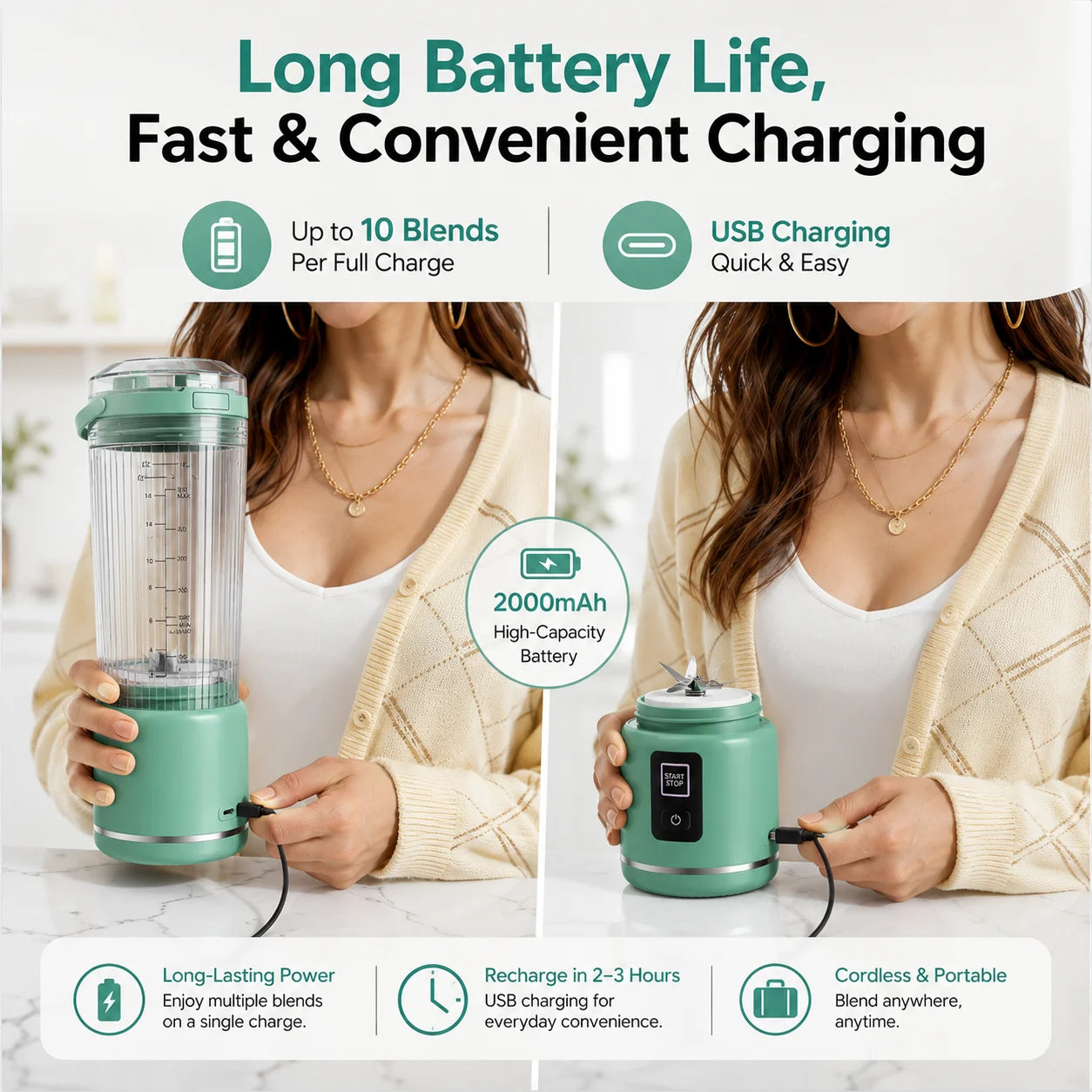 18 oz Portable Blender, Cordless USB-C Rechargeable Personal Blender for Shakes and Smoothies