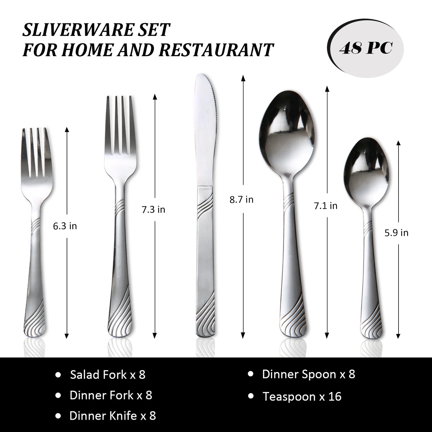 HANSMART 48-Piece Stainless Steel Flatware Set Service for 8 Silver Cutlery Set Silverware Set Kitchen Tableware Utensils Set with 16 Teaspoons Spoons Forks Knives Dinner Cutlery Silverware Sets