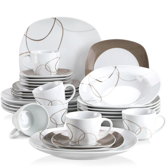 VEWEET 30 Piece Porcelain Dinnerware Set With Plates Cups Saucers