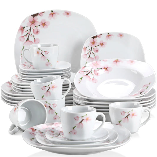 MALACASA Annie Porcelain Dinnerware Set For 12 Plates Cups Saucers